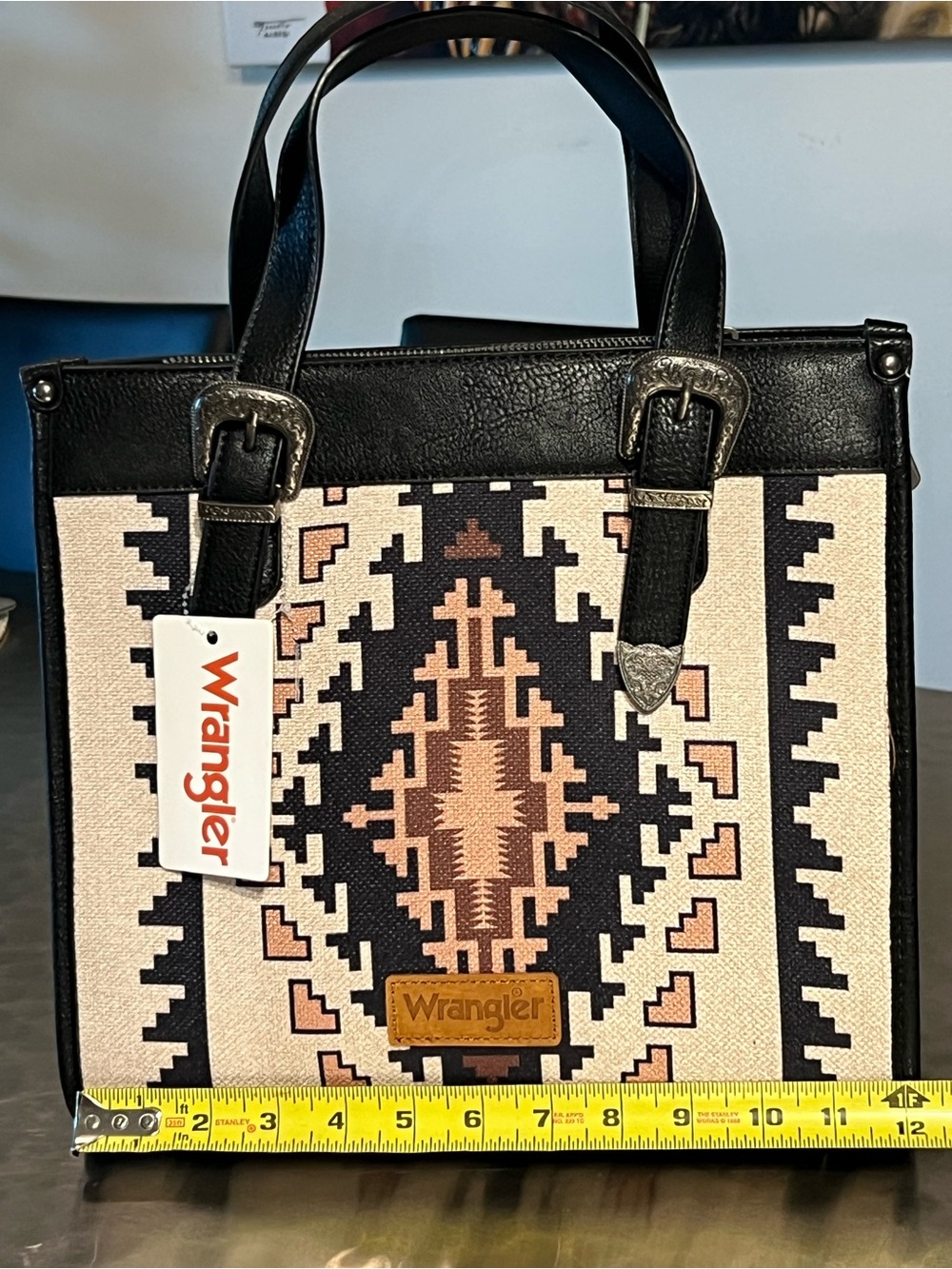NWT Wrangler Southwestern Aztec Canvas Mini Tote Bag / Satchel – Black and Cream